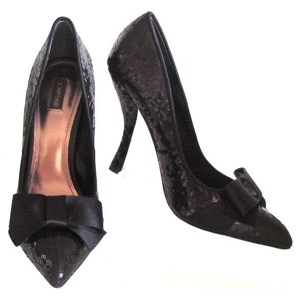 Designer Joan/David Black Sequin Satin Bow High Heel Evening Pumps 8.5.M - Picture 1 of 12